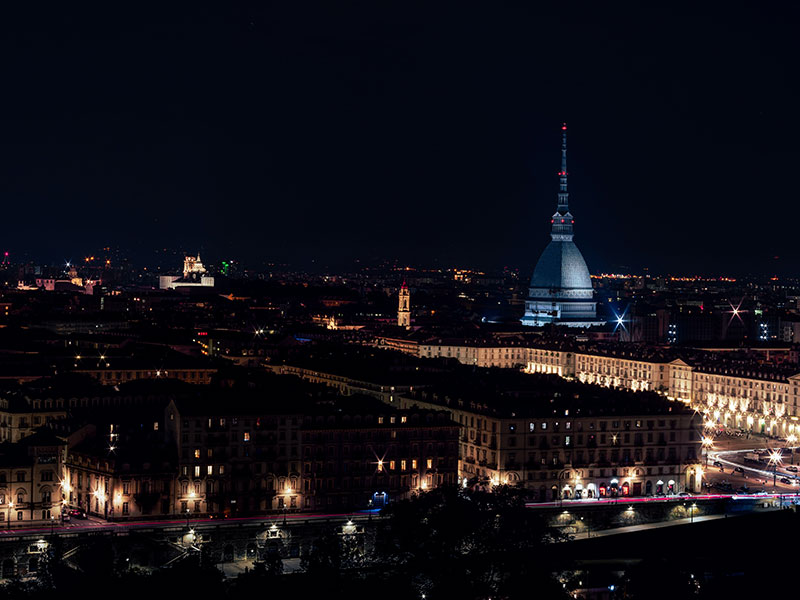 Turin by night with a panoramic view of the city centre and Mole Antonelliana. Photo by Samuele Giglio